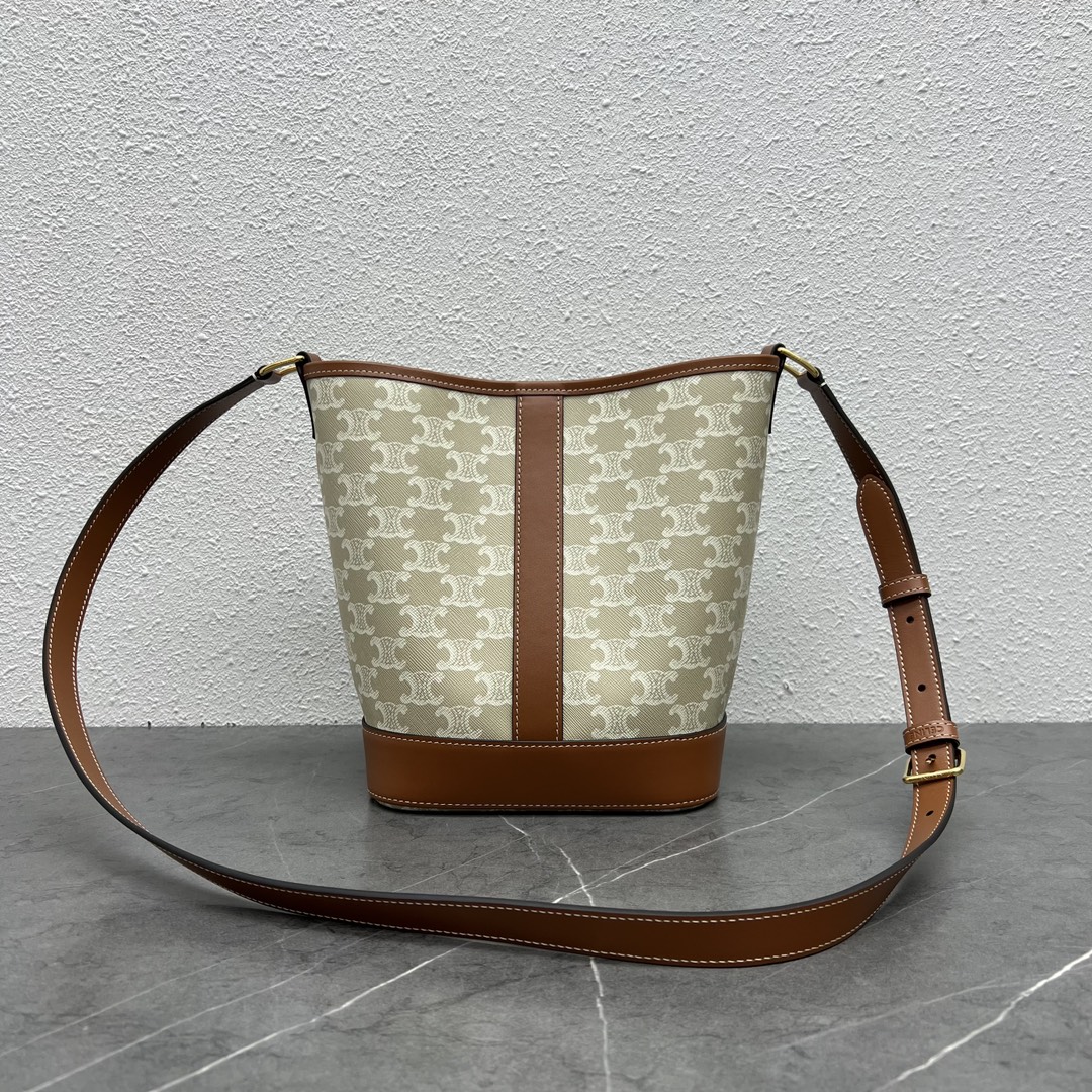 Celine Small Bucket Shoulder Bag In Triomphe Canvas And Calfskin Grey/Tan 191442